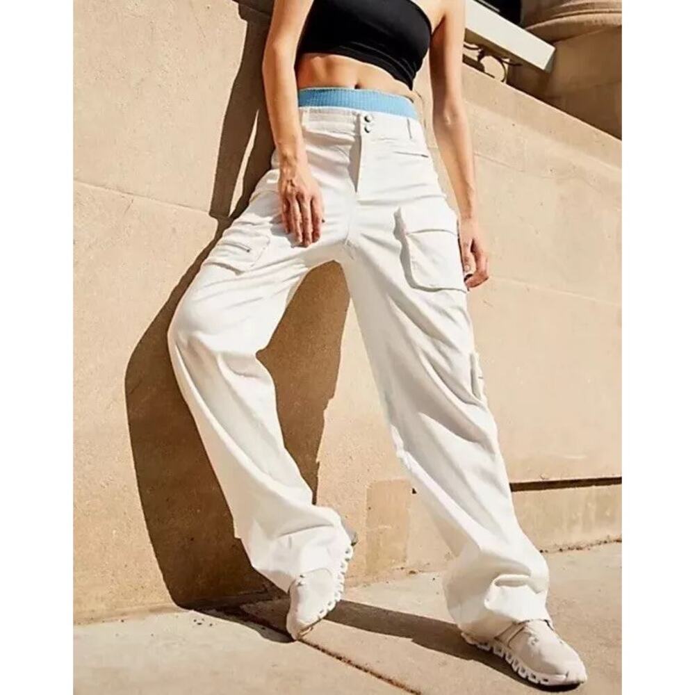 Free People Movement Elevate Wide Leg Cargo Style White Cotton & Lyocell Pants - Picture 1 of 12